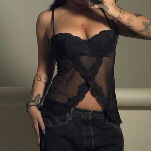 Victoria's Secret Black Lace Lingerie Corset Split Front Lace Tank Top